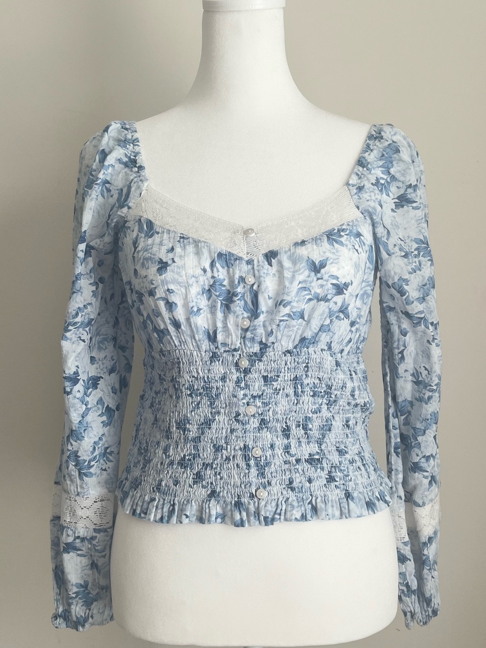 American Eagle Outfitters Light Blue Floral Smocked Button-Front Blouse